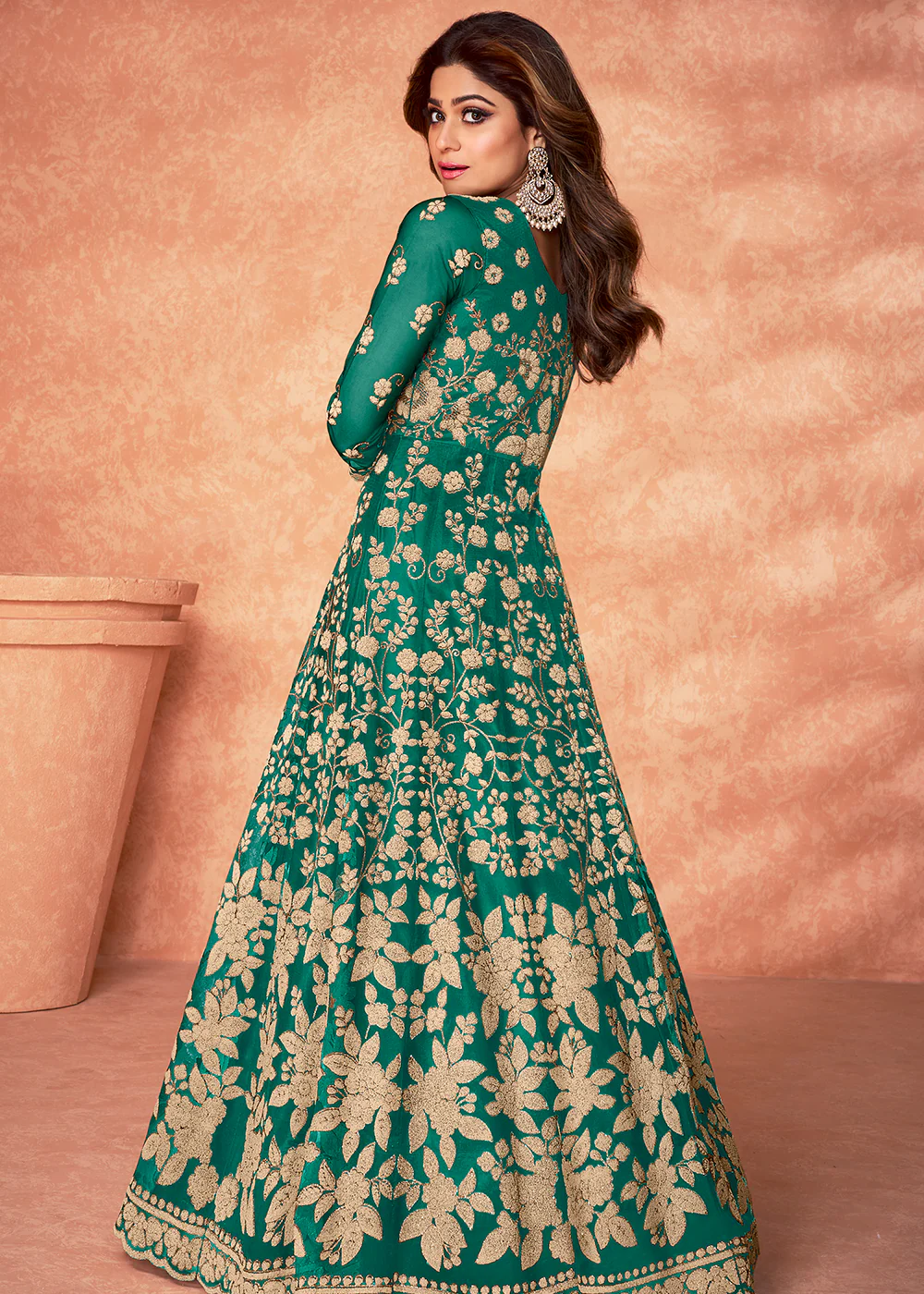 Net Shamita Shetty Teal Green Beads Work Wedding Anarkali - Image 3