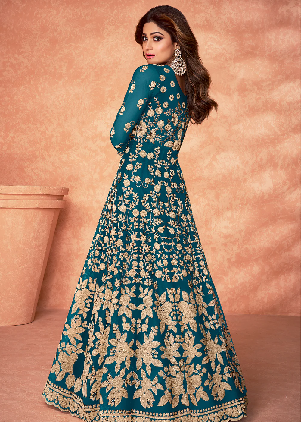 Net Shamita Shetty Turquoise Beads Work Wedding Anarkali - Image 3