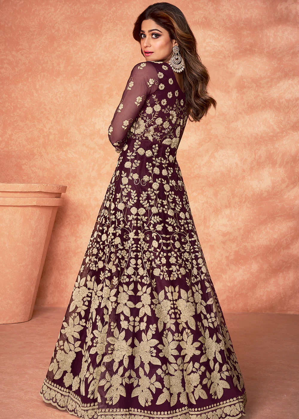 Net Shamita Shetty Wine Beads Work Wedding Anarkali - Image 3