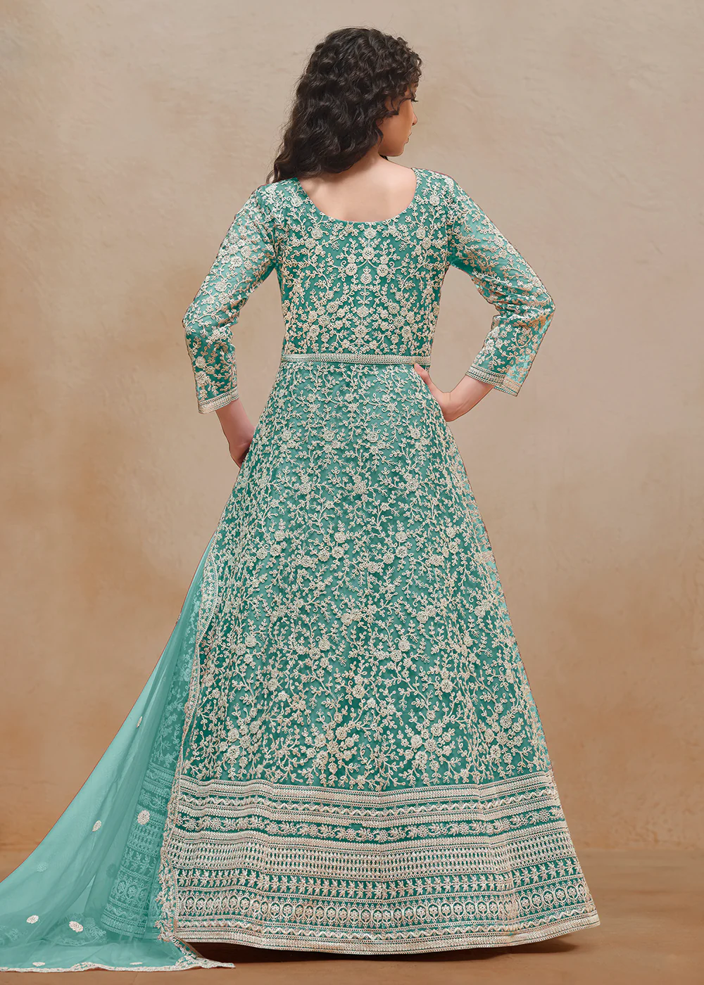 Net Teal Green Embroidered Festive Style Anarkali Suit - Image 3