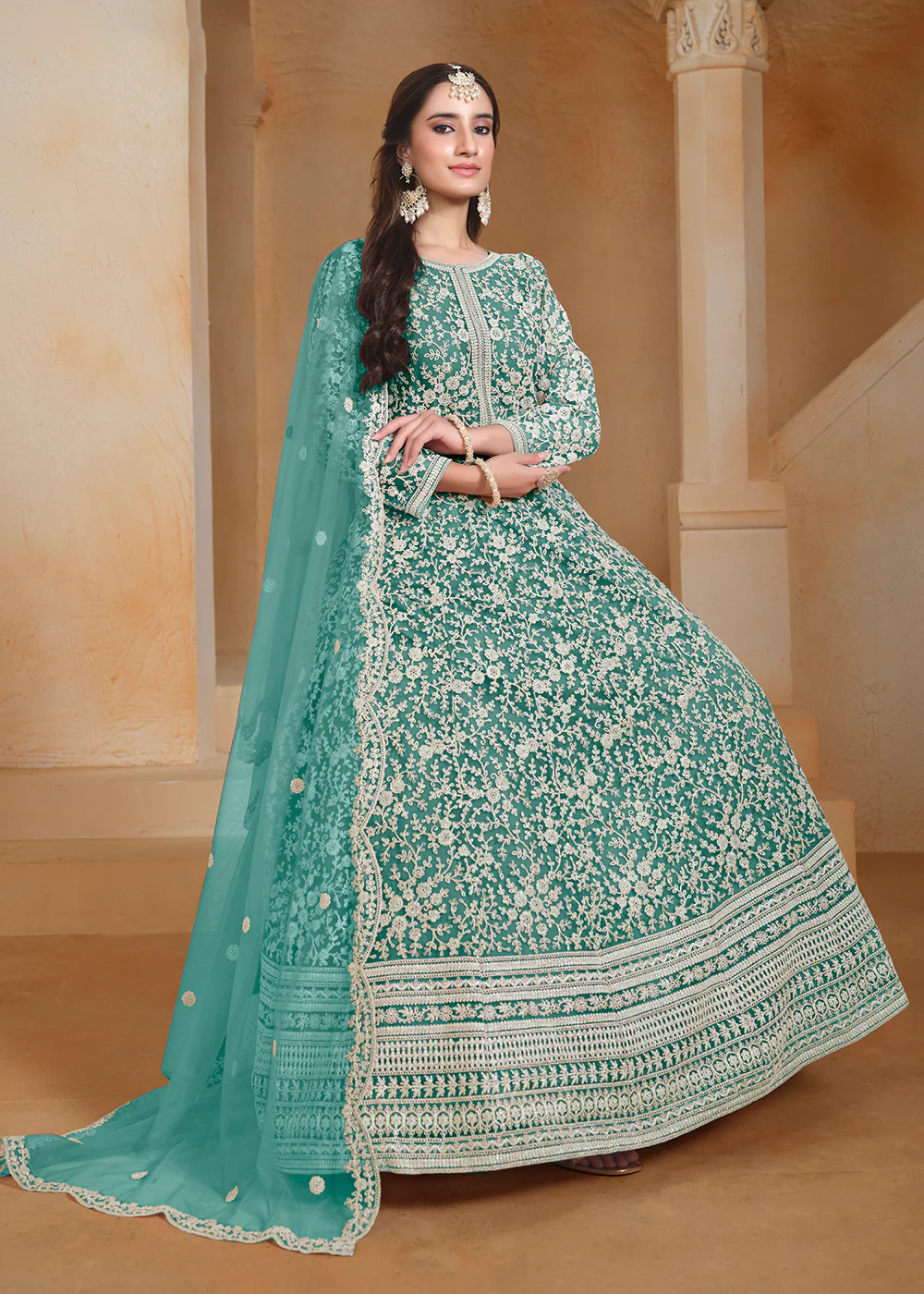 Net Teal Green Embroidered Festive Style Anarkali Suit - Image 4