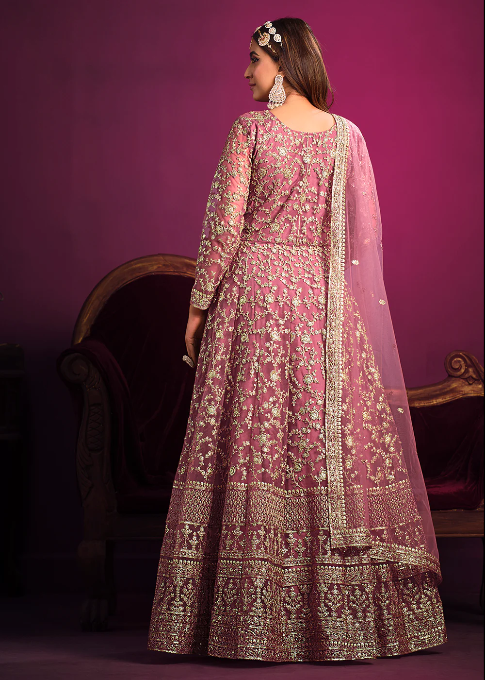 Net Tempting Pink Floor Length Ceremonial Anarkali Suit - Image 3