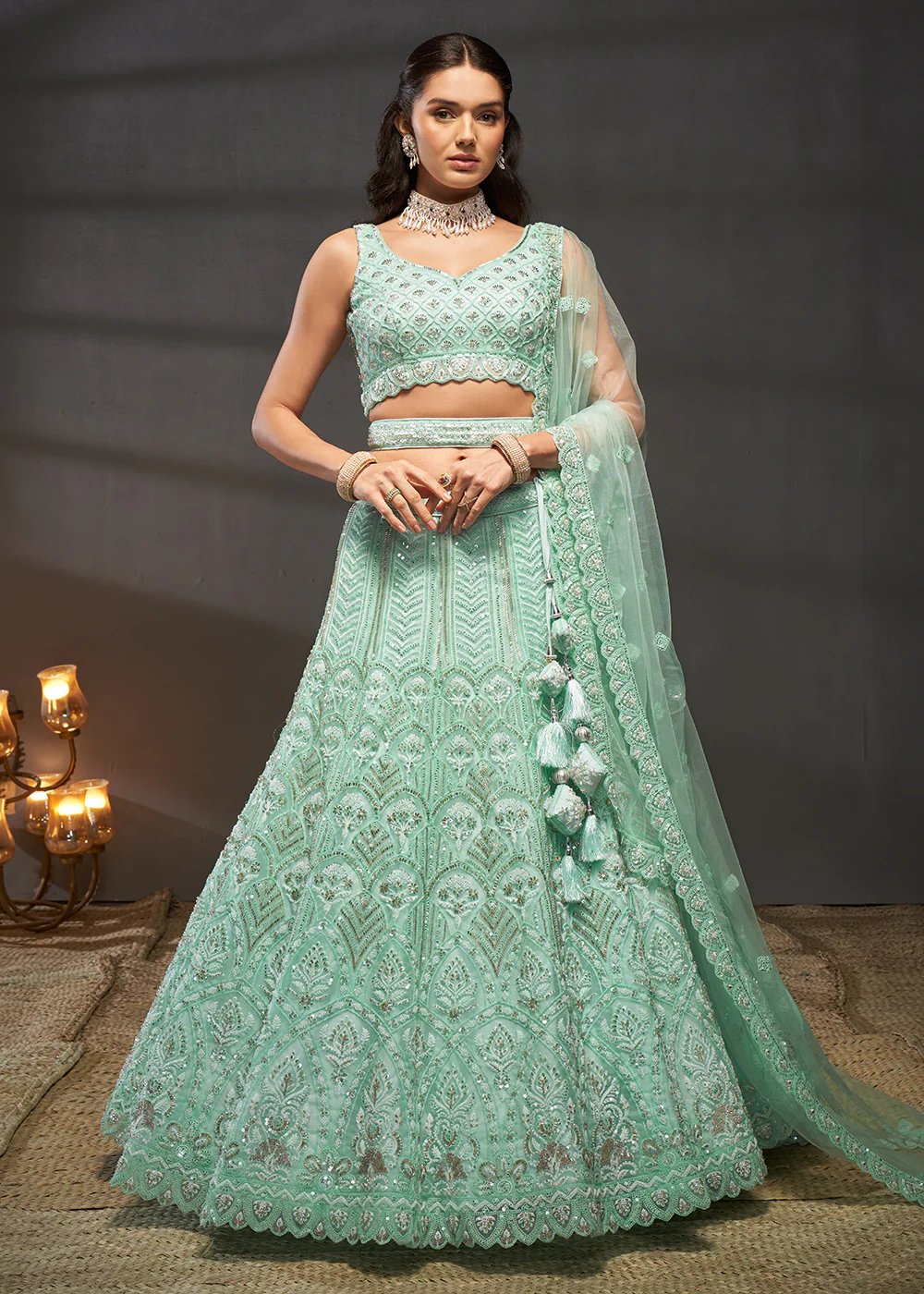 Net Turquoise Heavy Embroidered Designer Bridal Lehenga Choli