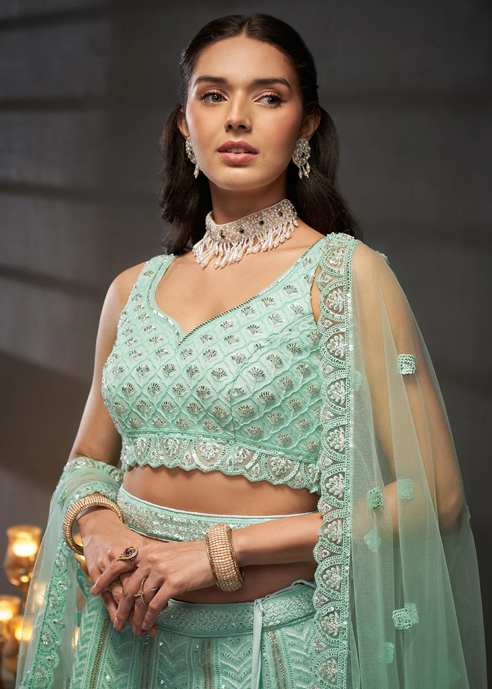 Net Turquoise Heavy Embroidered Designer Bridal Lehenga Choli - Image 2