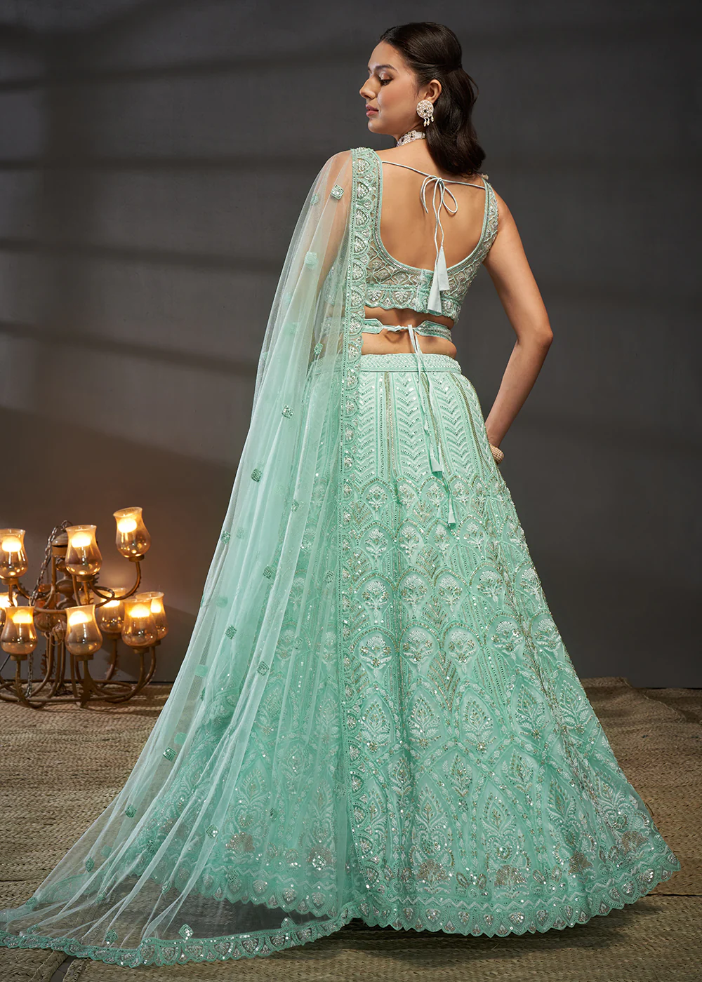 Net Turquoise Heavy Embroidered Designer Bridal Lehenga Choli - Image 3