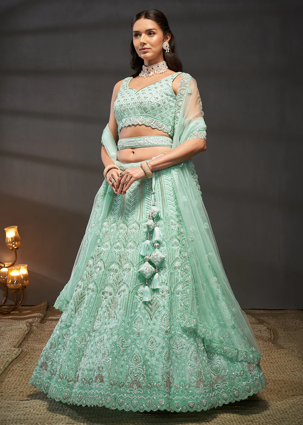 Net Turquoise Heavy Embroidered Designer Bridal Lehenga Choli - Image 4
