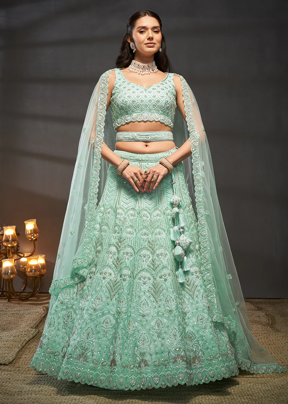 Net Turquoise Heavy Embroidered Designer Bridal Lehenga Choli - Image 5