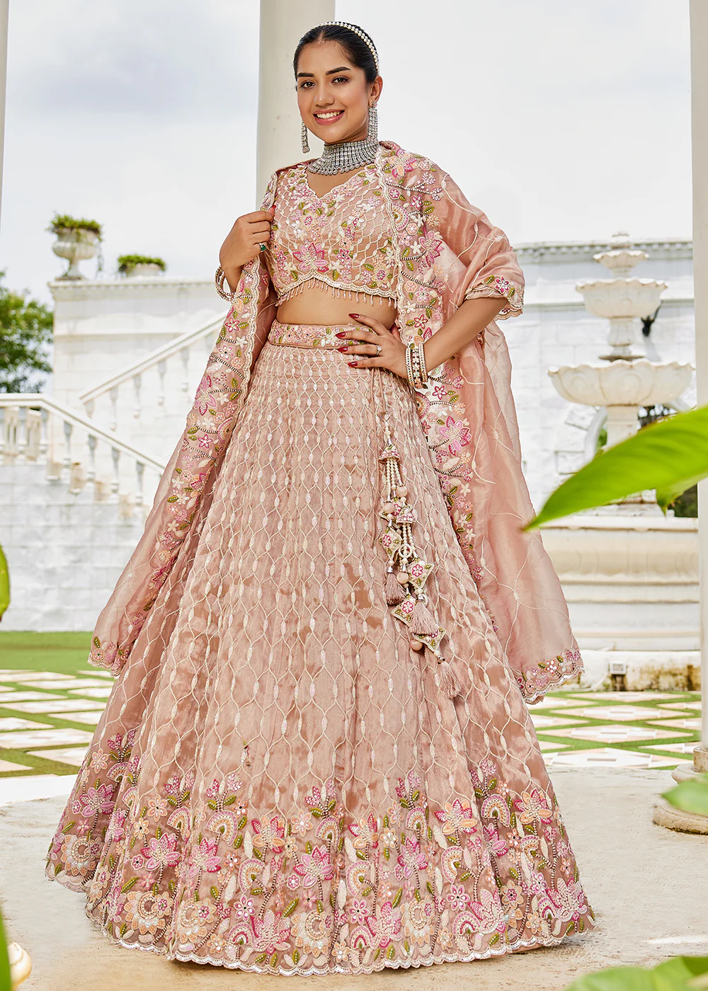 Nude Pink Satin Silk Sequins & Cording Wedding Lehenga Choli