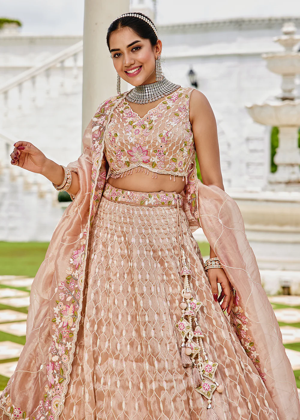 Nude Pink Satin Silk Sequins & Cording Wedding Lehenga Choli - Image 2