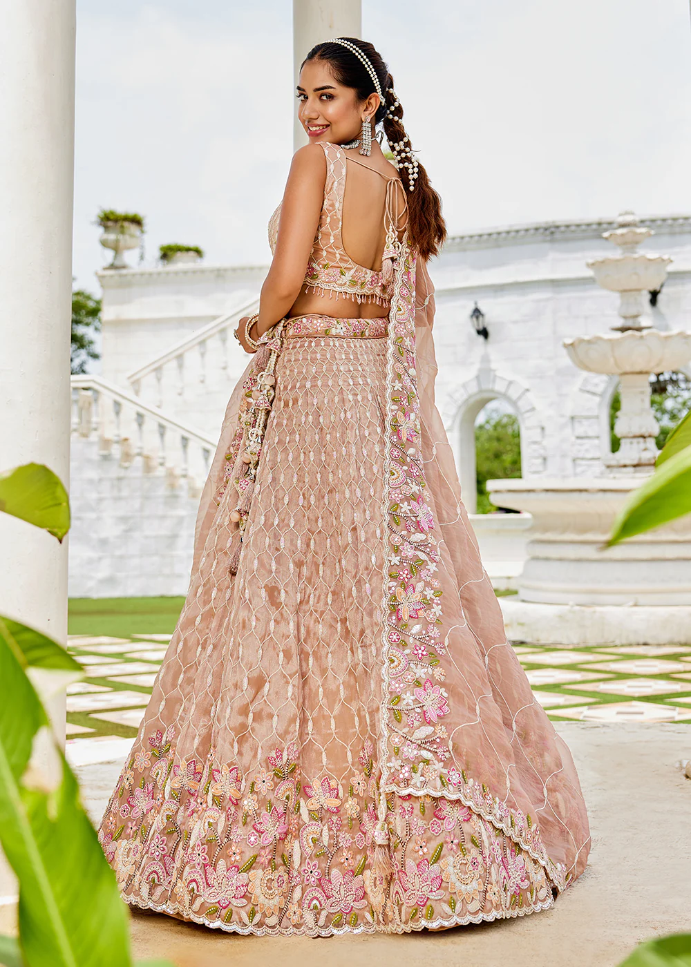Nude Pink Satin Silk Sequins & Cording Wedding Lehenga Choli - Image 3