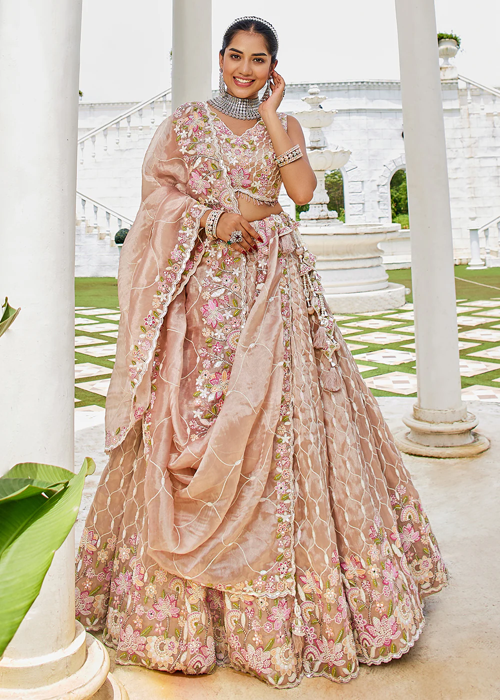 Nude Pink Satin Silk Sequins & Cording Wedding Lehenga Choli - Image 4