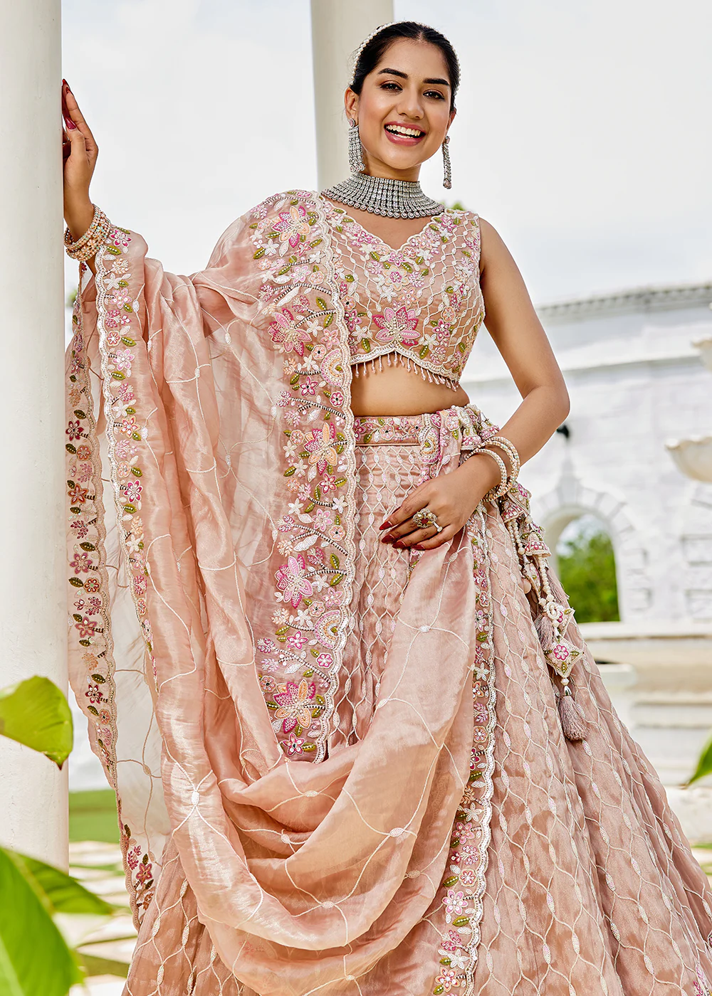 Nude Pink Satin Silk Sequins & Cording Wedding Lehenga Choli - Image 5