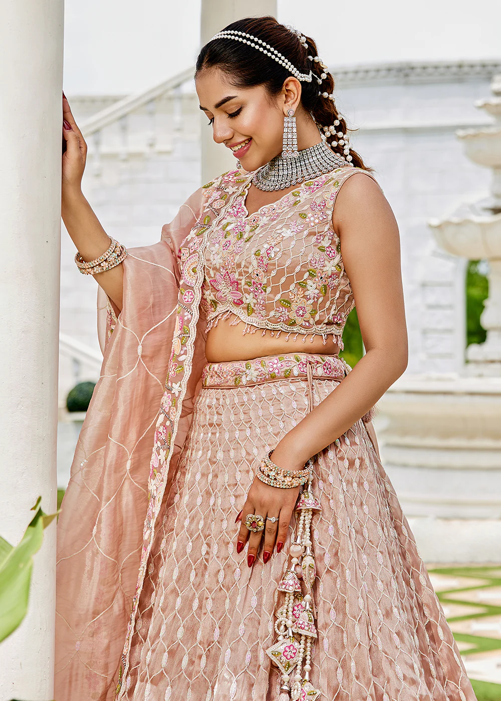 Nude Pink Satin Silk Sequins & Cording Wedding Lehenga Choli - Image 6