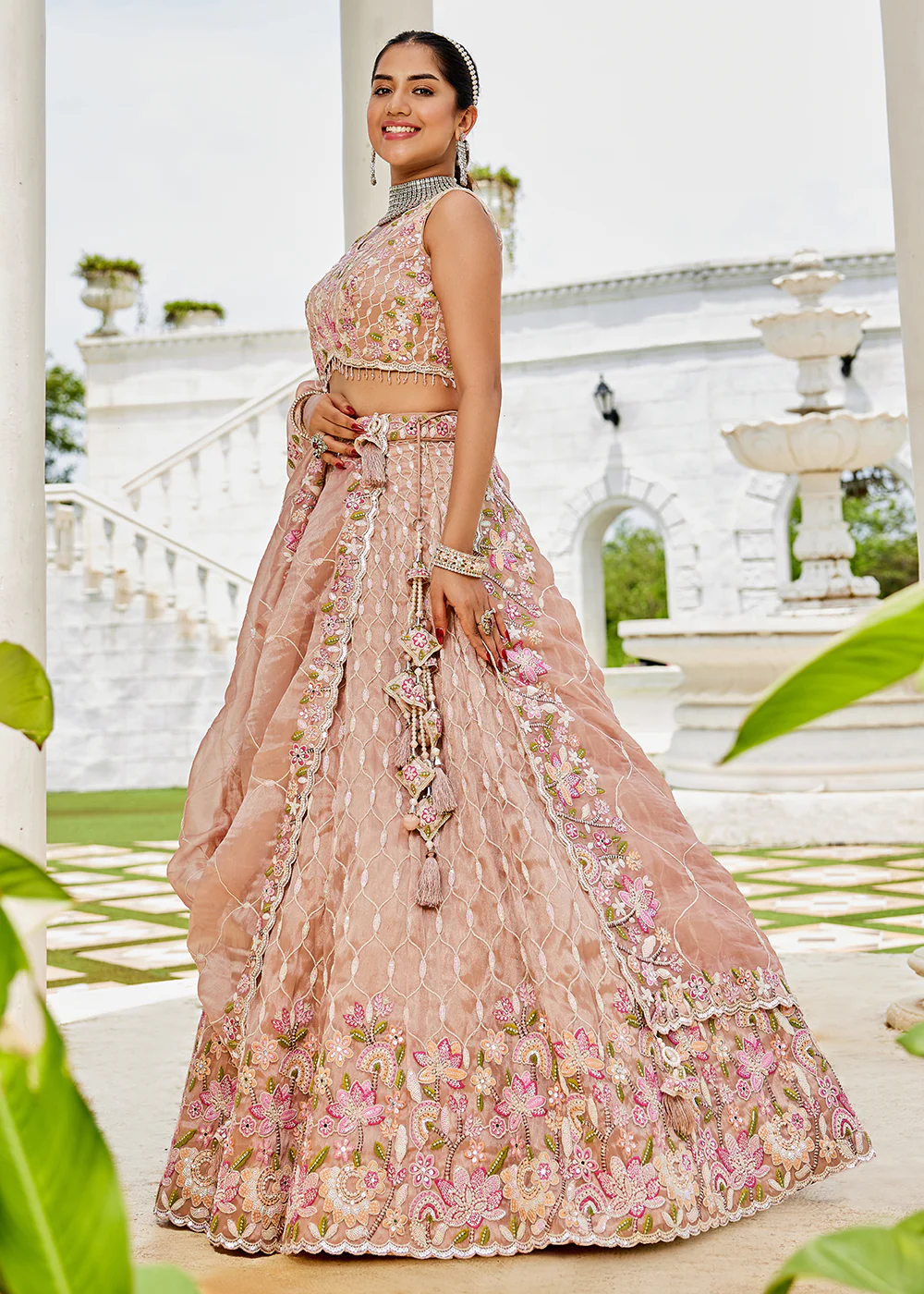 Nude Pink Satin Silk Sequins & Cording Wedding Lehenga Choli - Image 7