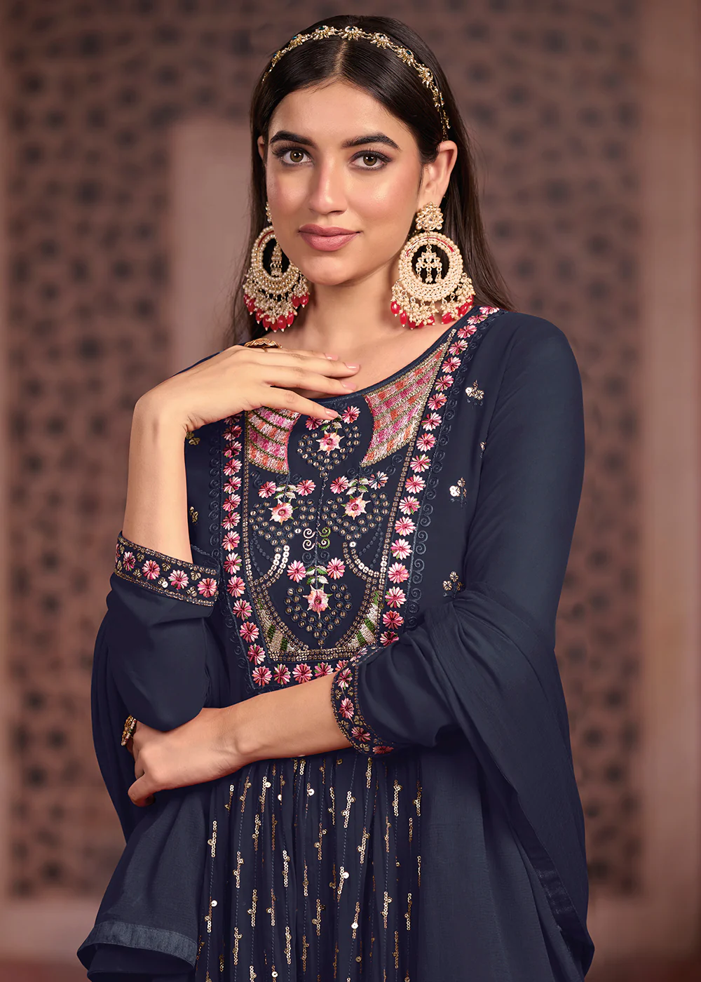 Nyra Cut Style Beatific Navy Blue Festive Palazzo Suit - Image 2