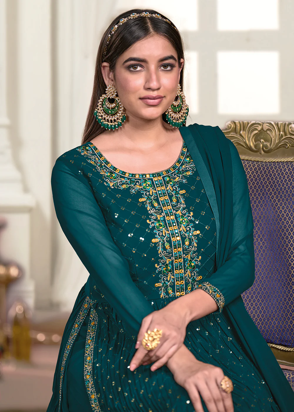 Nyra Cut Style Teal Blue Festive Palazzo Suit - Image 2