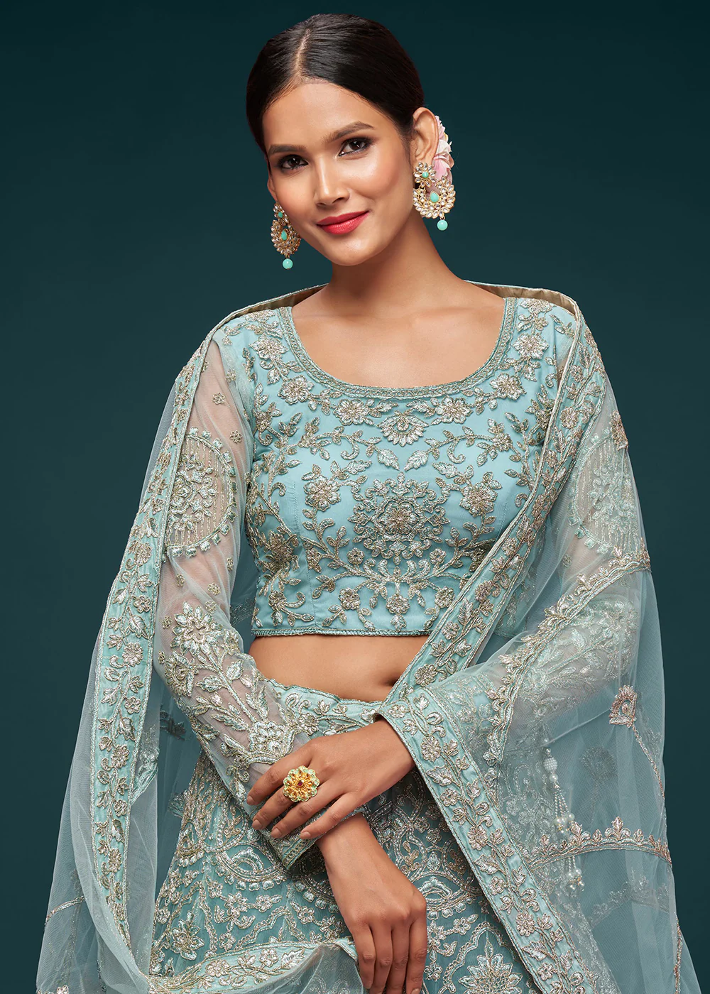 Ocean Aqua Embroidered Soft Net Wedding Lehenga Choli - Image 2