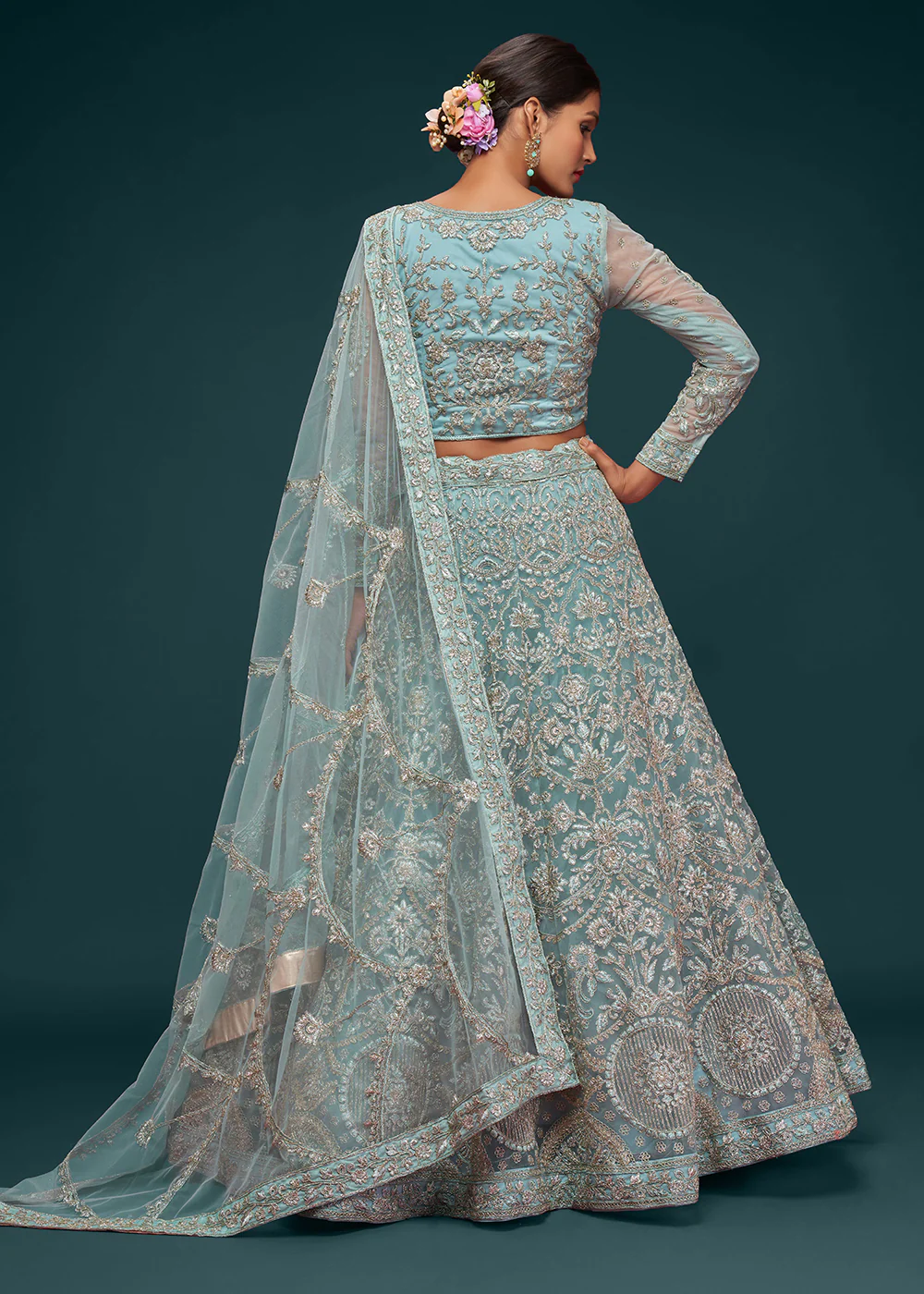 Ocean Aqua Embroidered Soft Net Wedding Lehenga Choli - Image 3