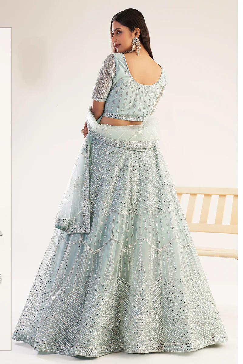 Ocean Blue Designer Bridal Heavy Embroidered Lehenga Choli - Image 3