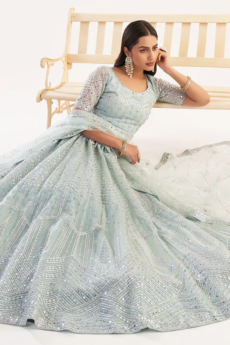 Ocean Blue Designer Bridal Heavy Embroidered Lehenga Choli - Image 4