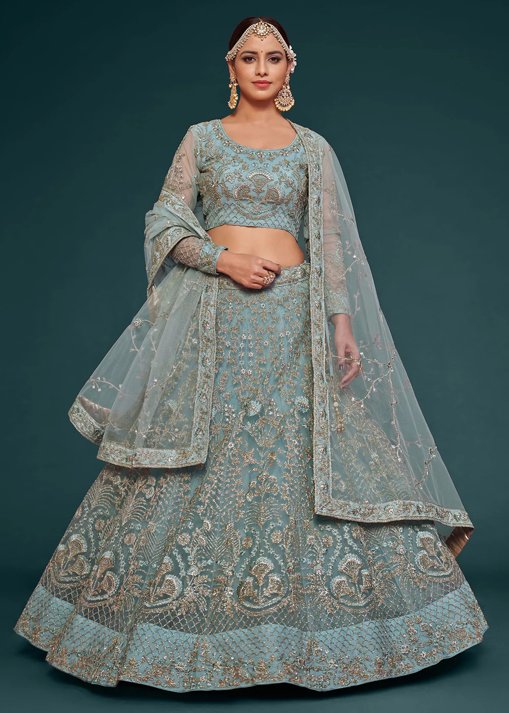 Ocean Blue Embroidered Soft Net Wedding Lehenga Choli