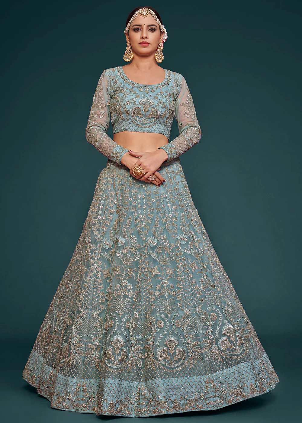Ocean Blue Embroidered Soft Net Wedding Lehenga Choli - Image 4