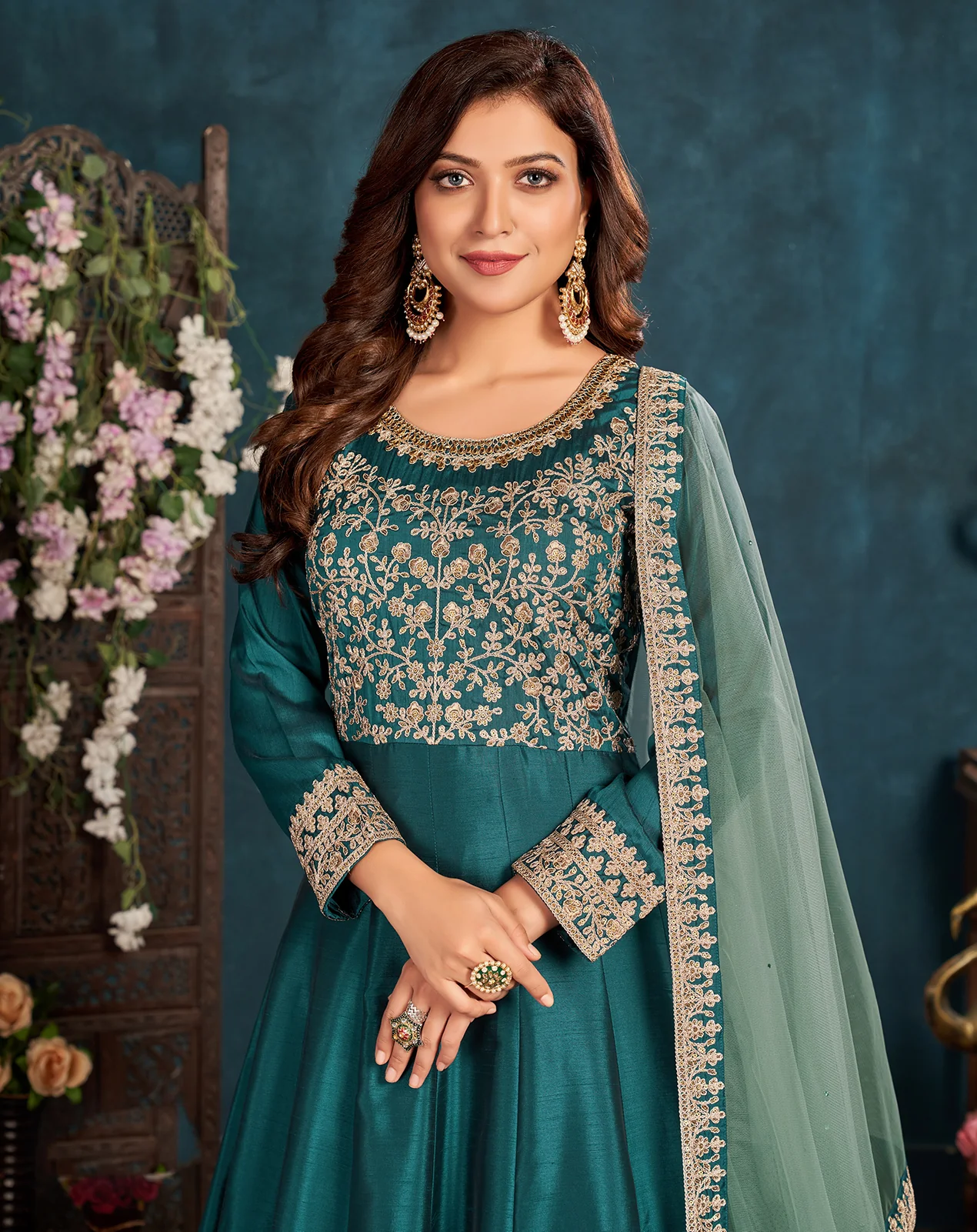 Ocean Blue Wedding Art Silk Embroidered Anarkali Suit - Image 2