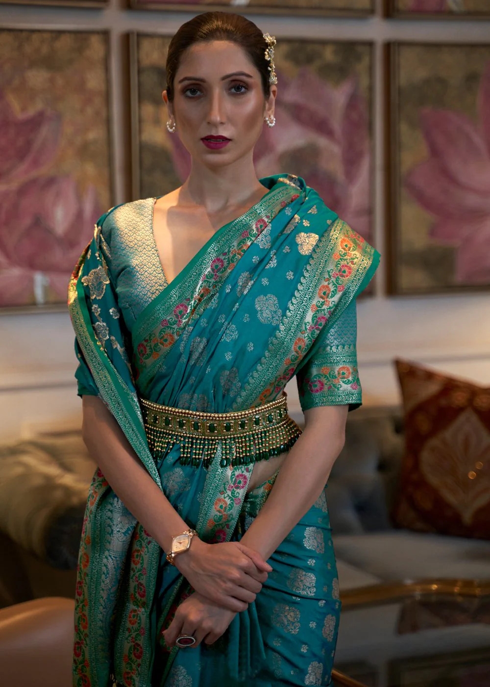 Ocean Green Banarasi Silk Authentic Indian Saree - Image 3