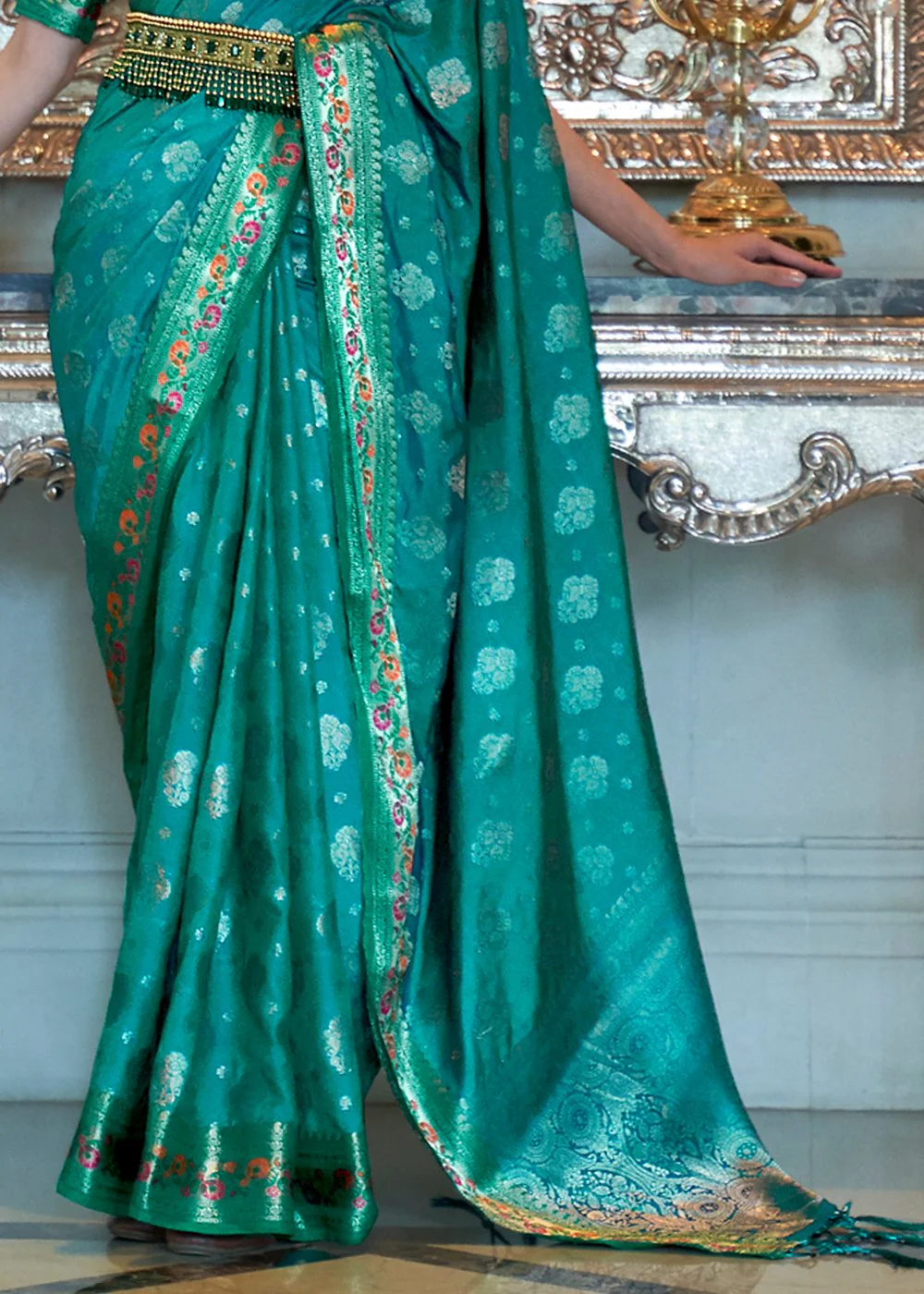 Ocean Green Banarasi Silk Authentic Indian Saree - Image 4