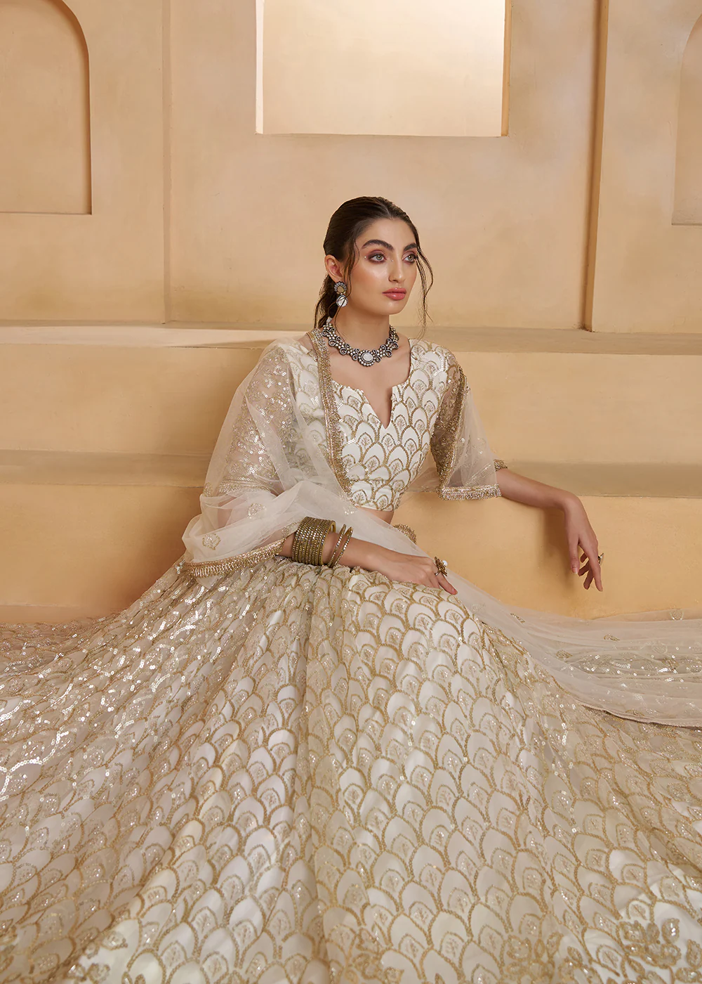 Off White Beats Embroidery Designer Lehenga Choli - Image 2