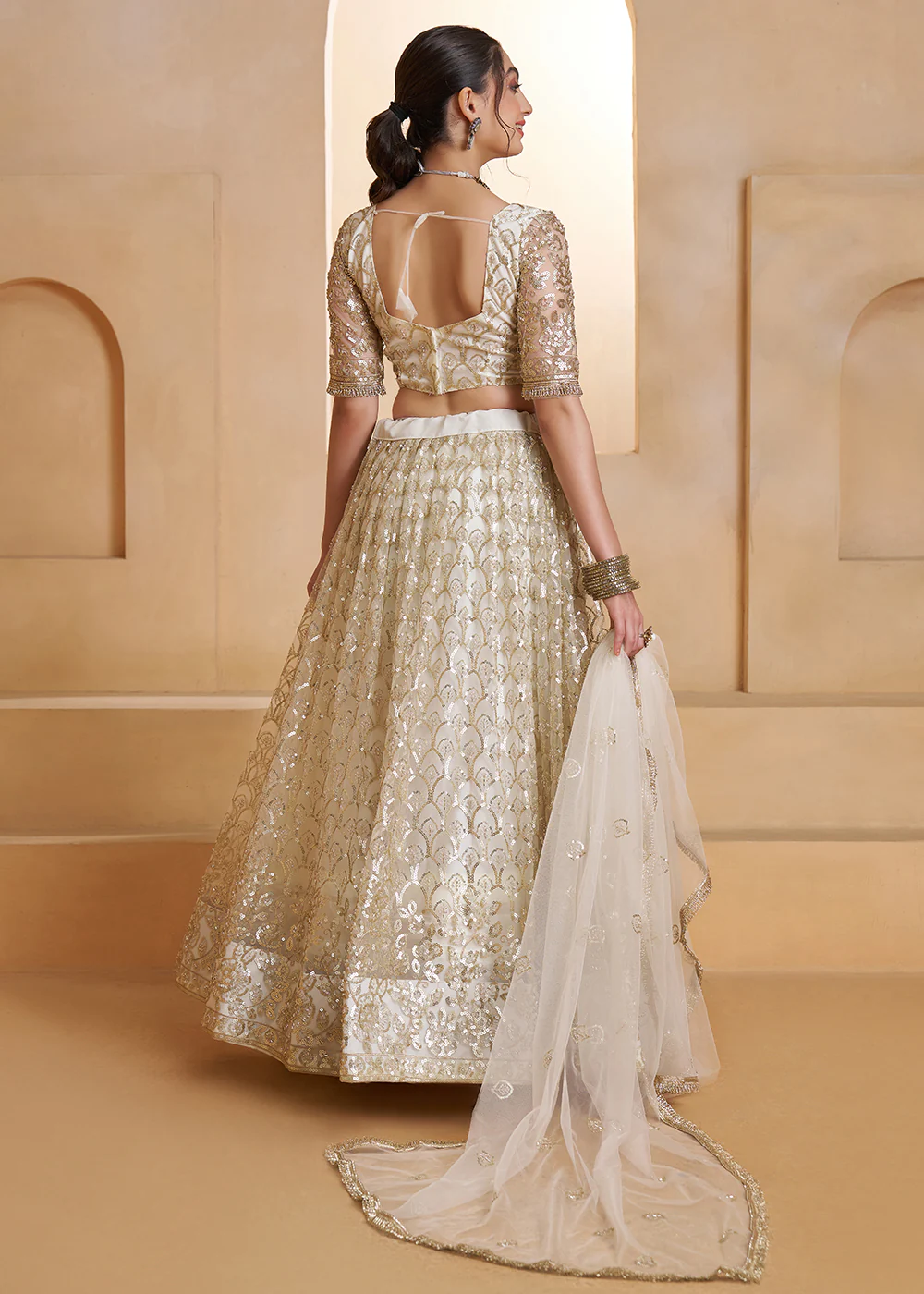 Off White Beats Embroidery Designer Lehenga Choli - Image 3