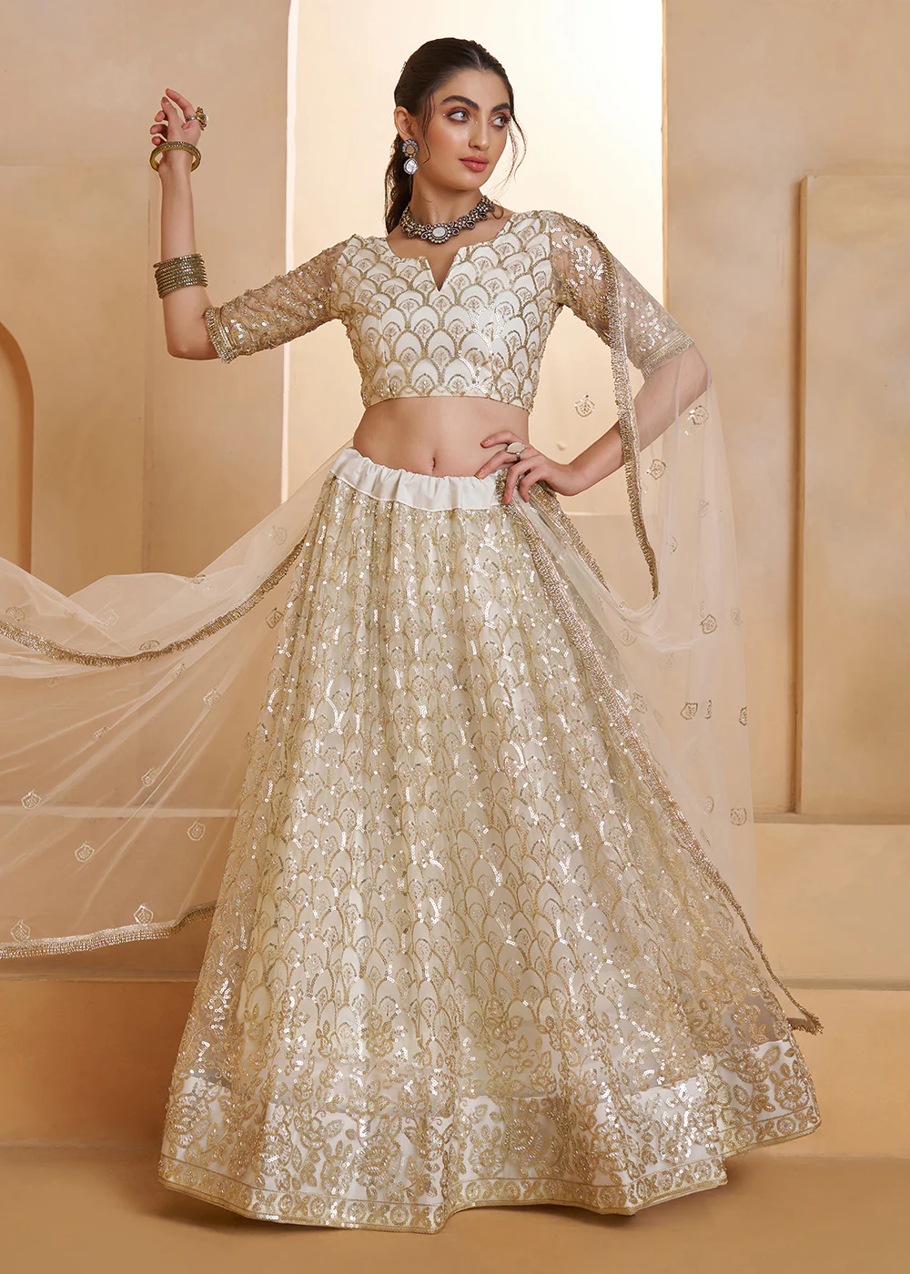 Off White Beats Embroidery Designer Lehenga Choli - Image 5