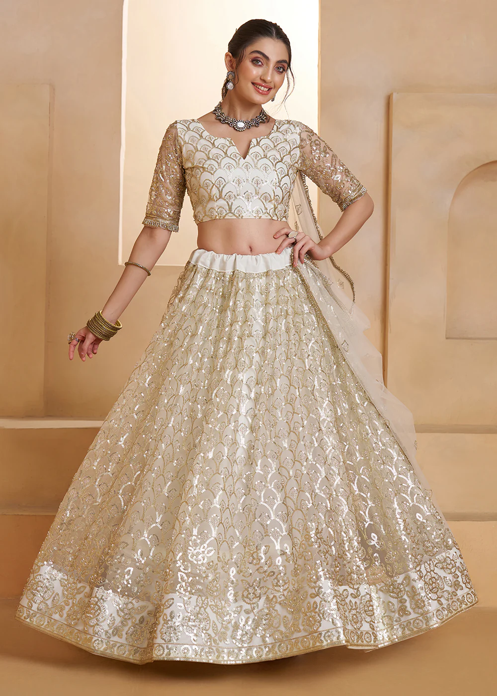 Off White Beats Embroidery Designer Lehenga Choli - Image 6