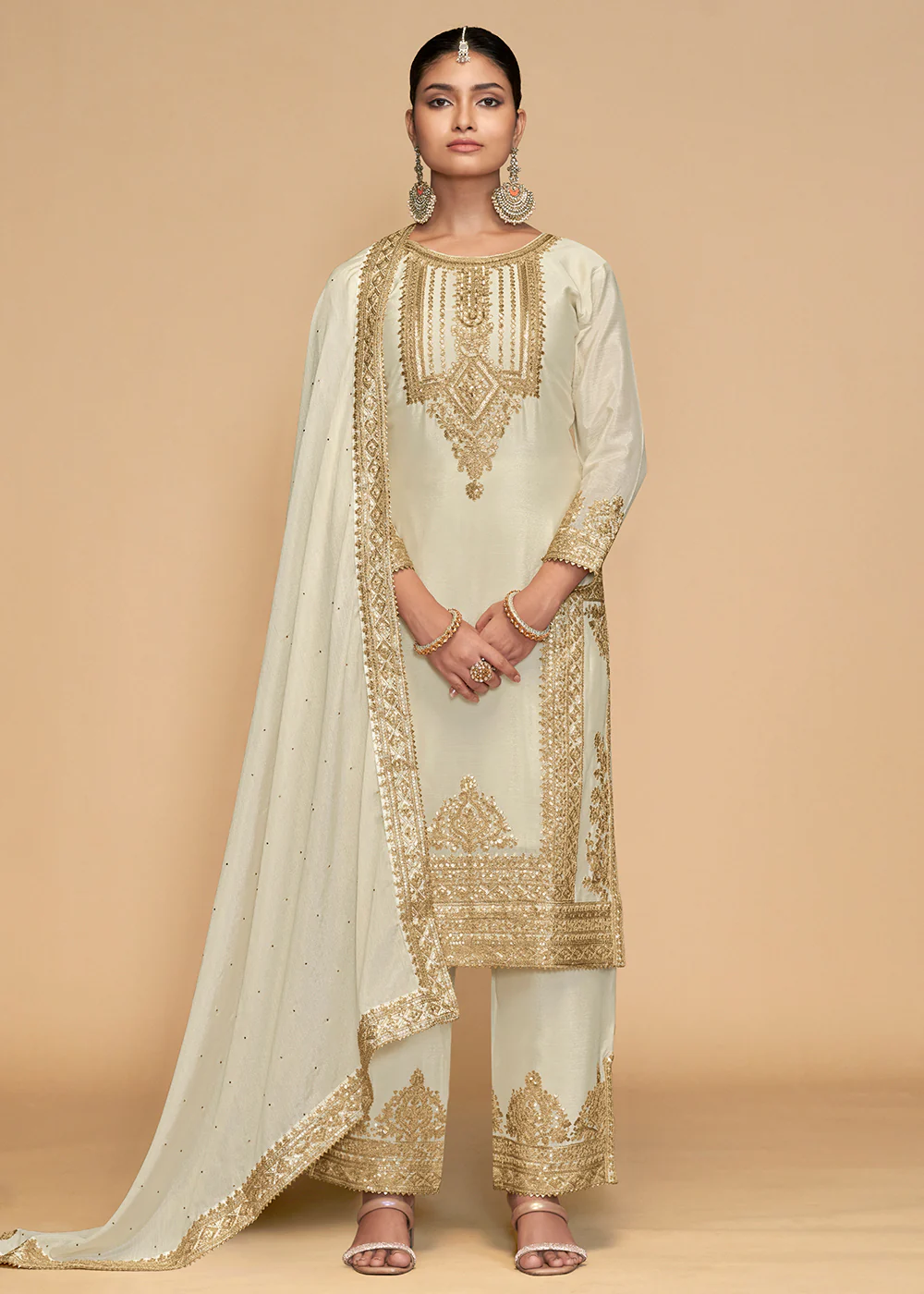 Off White Beautiful Embroidered Pant Style Salwar Suit