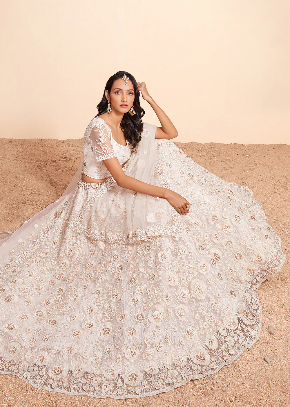 Off White Beautifully Heavy Embroidered Bridal Lehenga Choli - Image 4