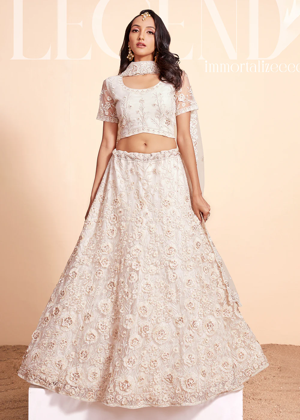 Off White Beautifully Heavy Embroidered Bridal Lehenga Choli - Image 6