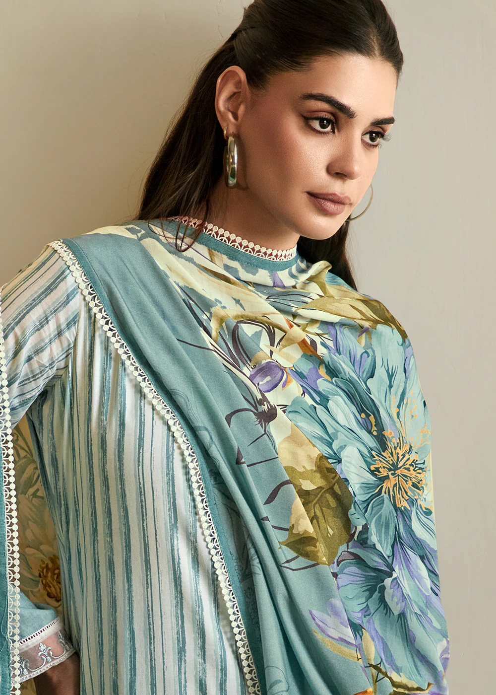 Off White & Blue Embroidered Festive Wear Salwar Suit - Image 2