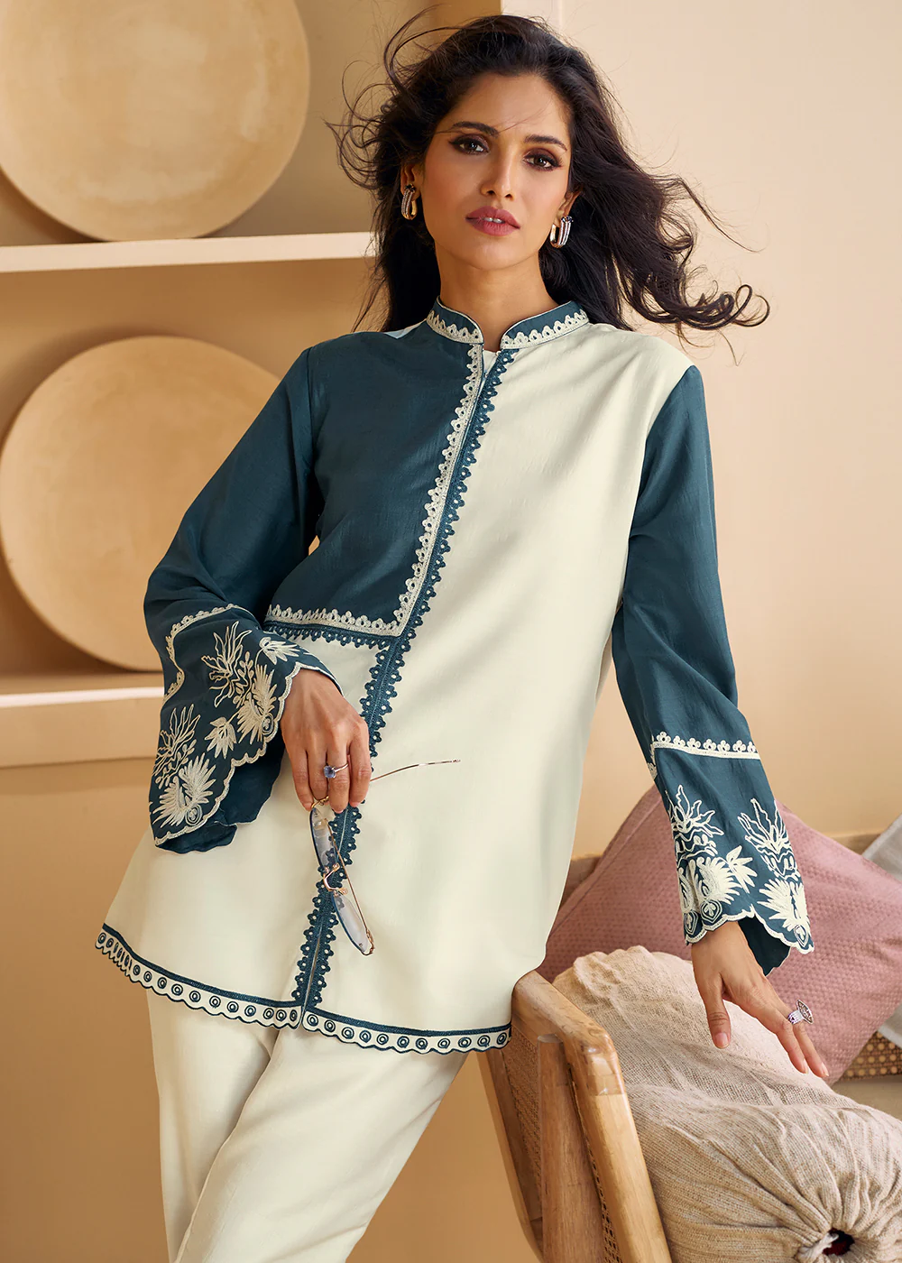 Off White & Blue Silk Party Wear Indo-Western Co-Ords Set - Image 2