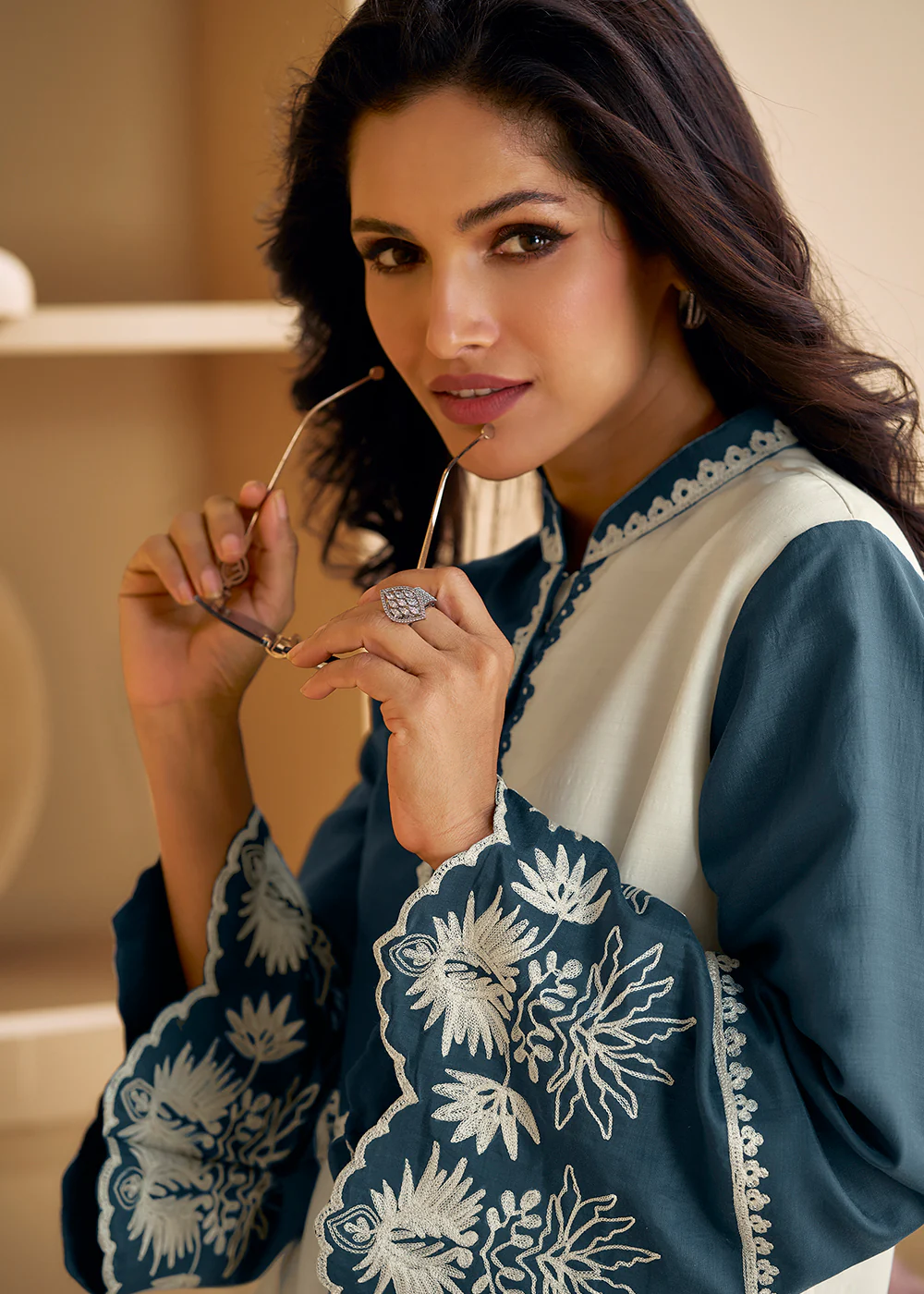 Off White & Blue Silk Party Wear Indo-Western Co-Ords Set - Image 3