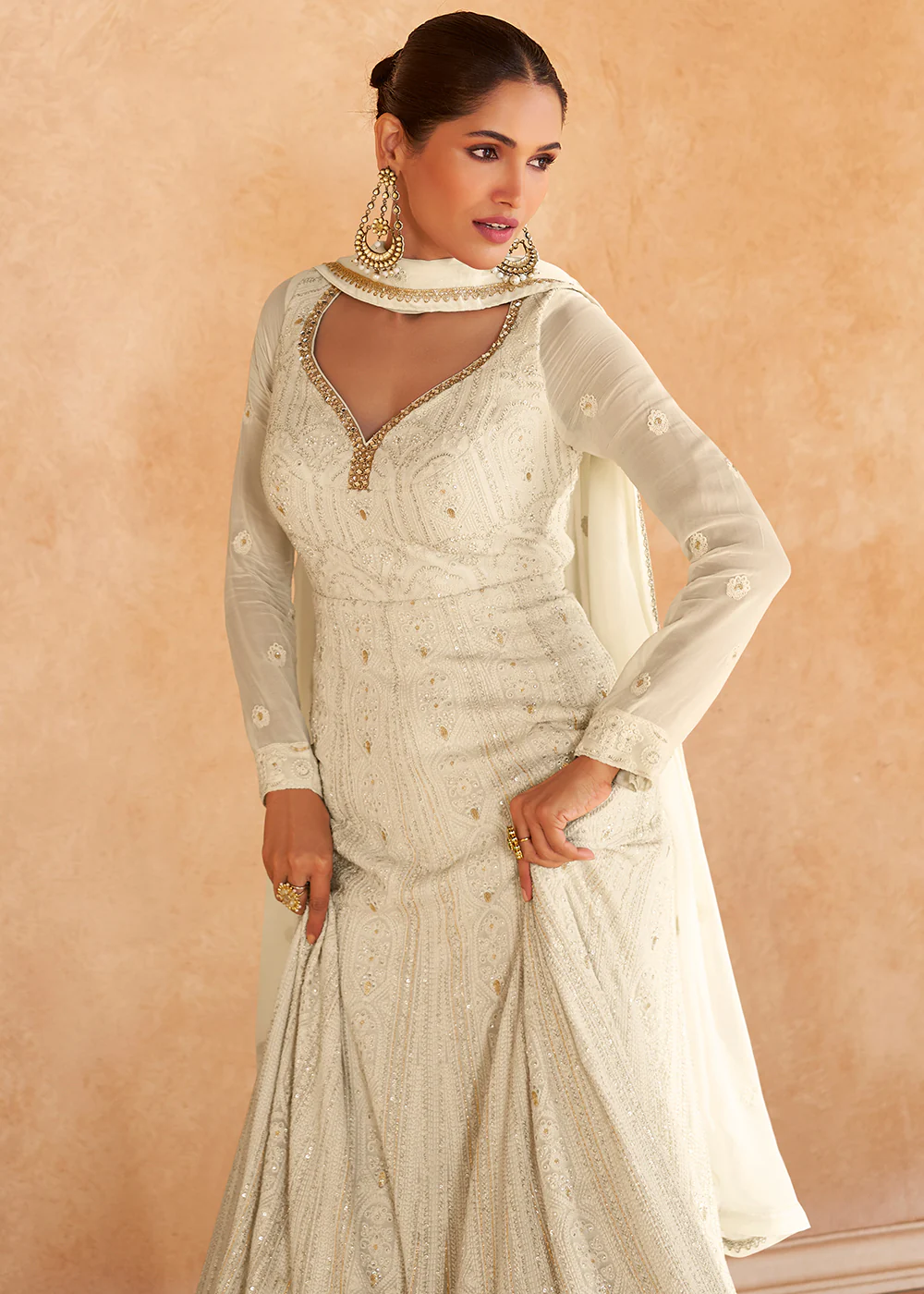 Off White Chikankari Embroidered Wedding Anarkali Gown - Image 2