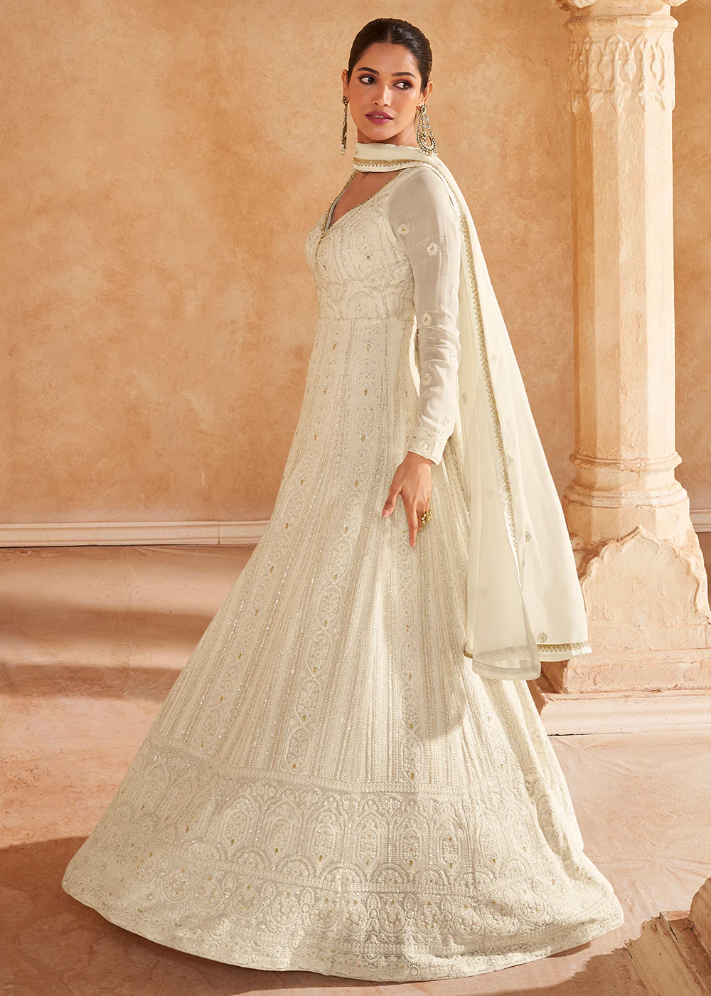 Off White Chikankari Embroidered Wedding Anarkali Gown - Image 3
