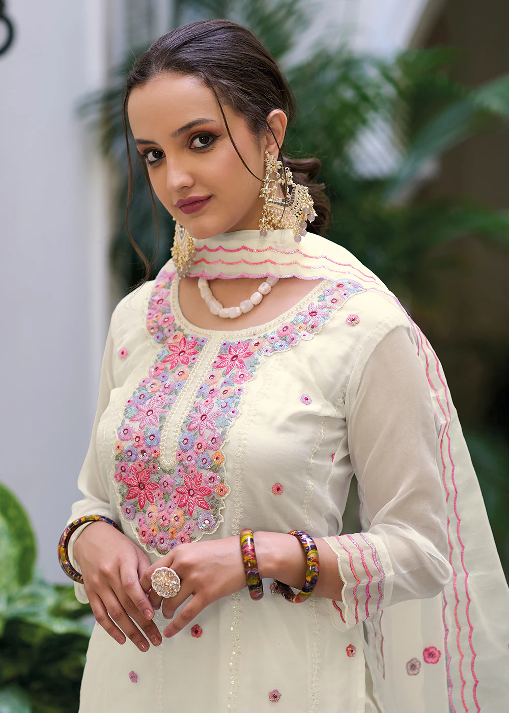Off White Color Embroidered Organza Pant Style Salwar Suit - Image 2