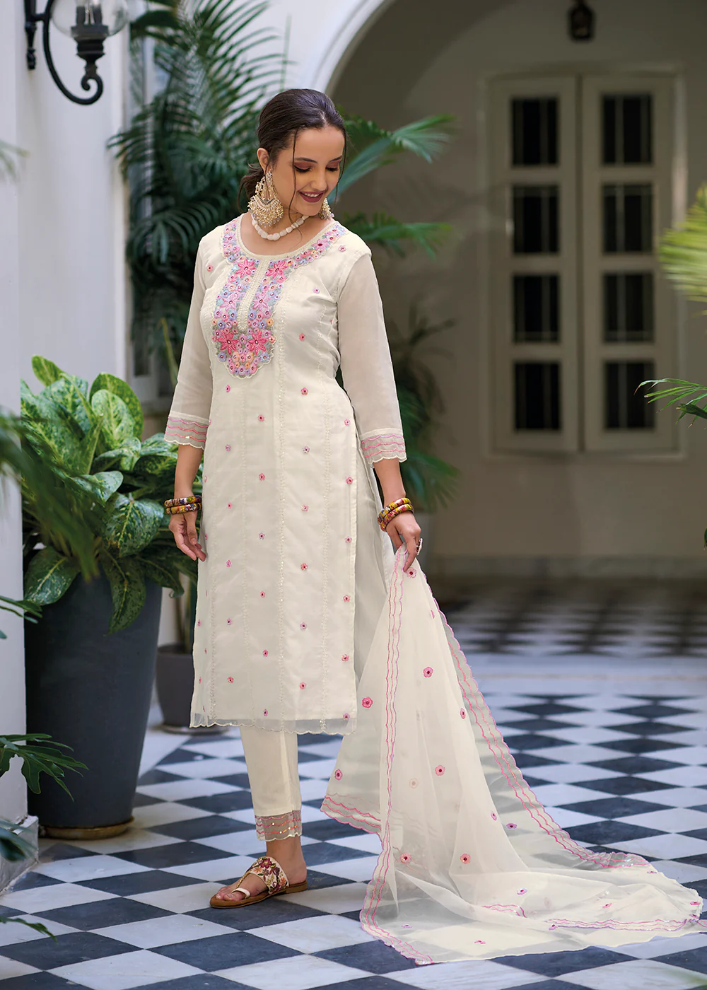 Off White Color Embroidered Organza Pant Style Salwar Suit - Image 3