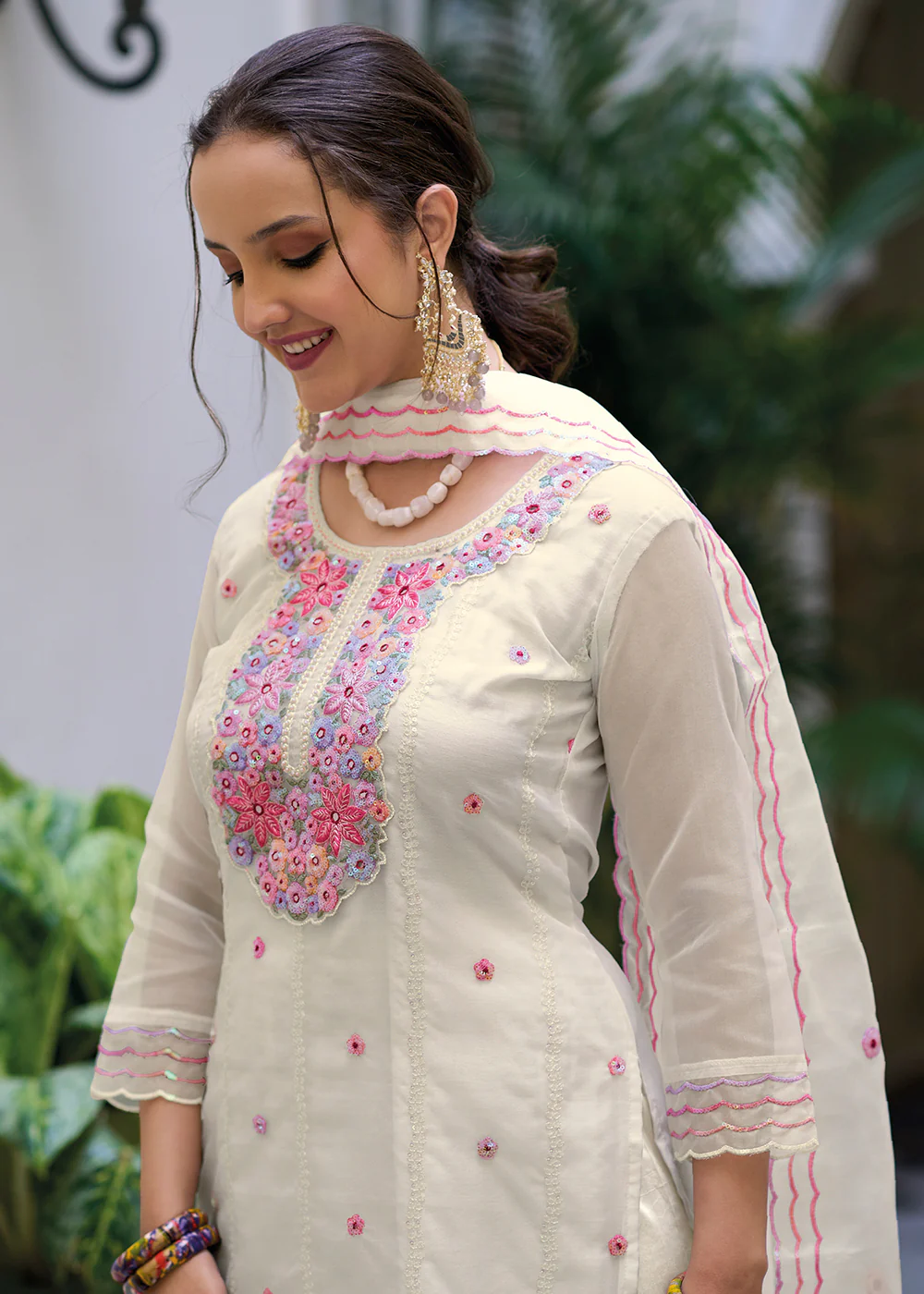 Off White Color Embroidered Organza Pant Style Salwar Suit - Image 4