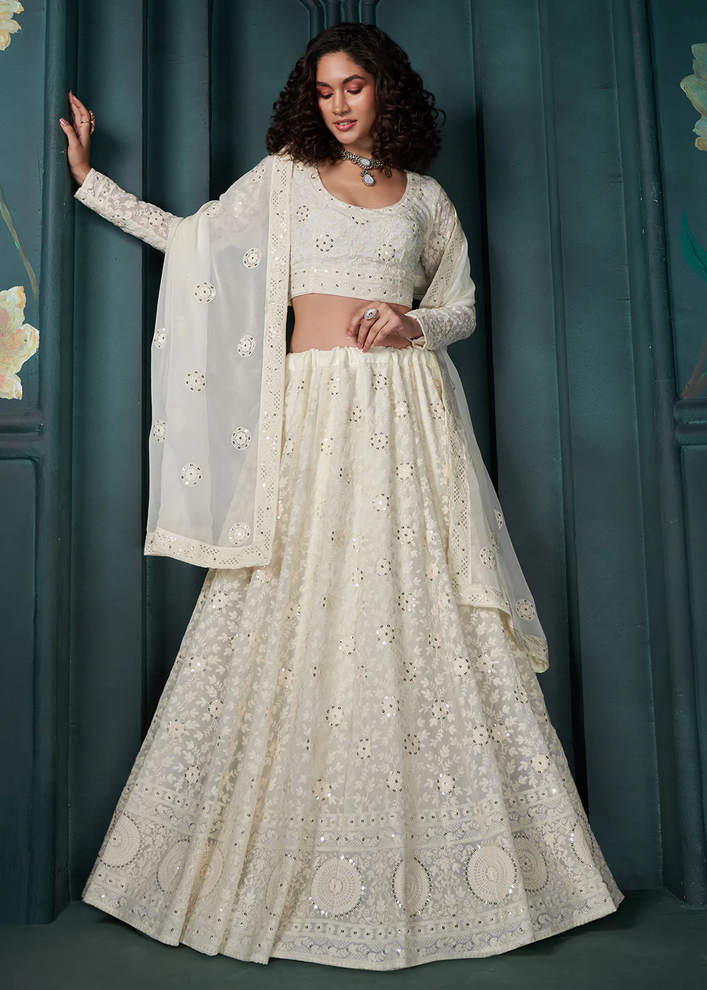 Off White Cording Embroidered Wedding Lehenga Choli