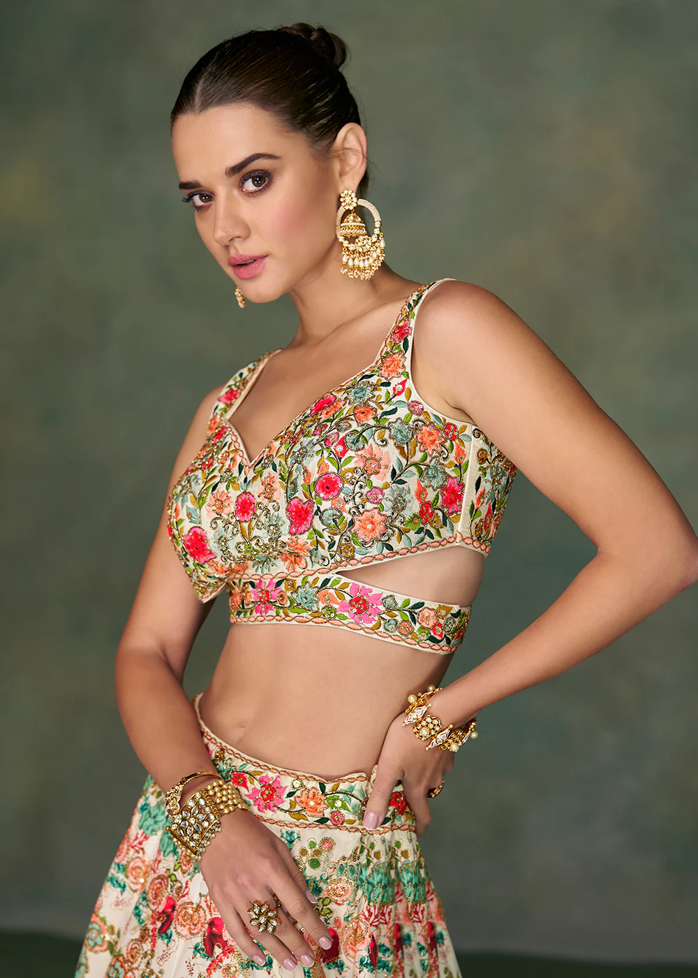 Off White Crop Top Style Taffeta Silk Wedding Lehenga Choli - Image 2