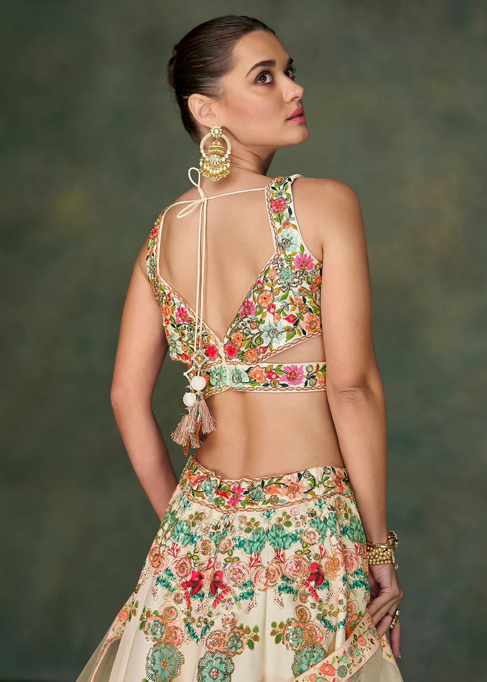 Off White Crop Top Style Taffeta Silk Wedding Lehenga Choli - Image 3