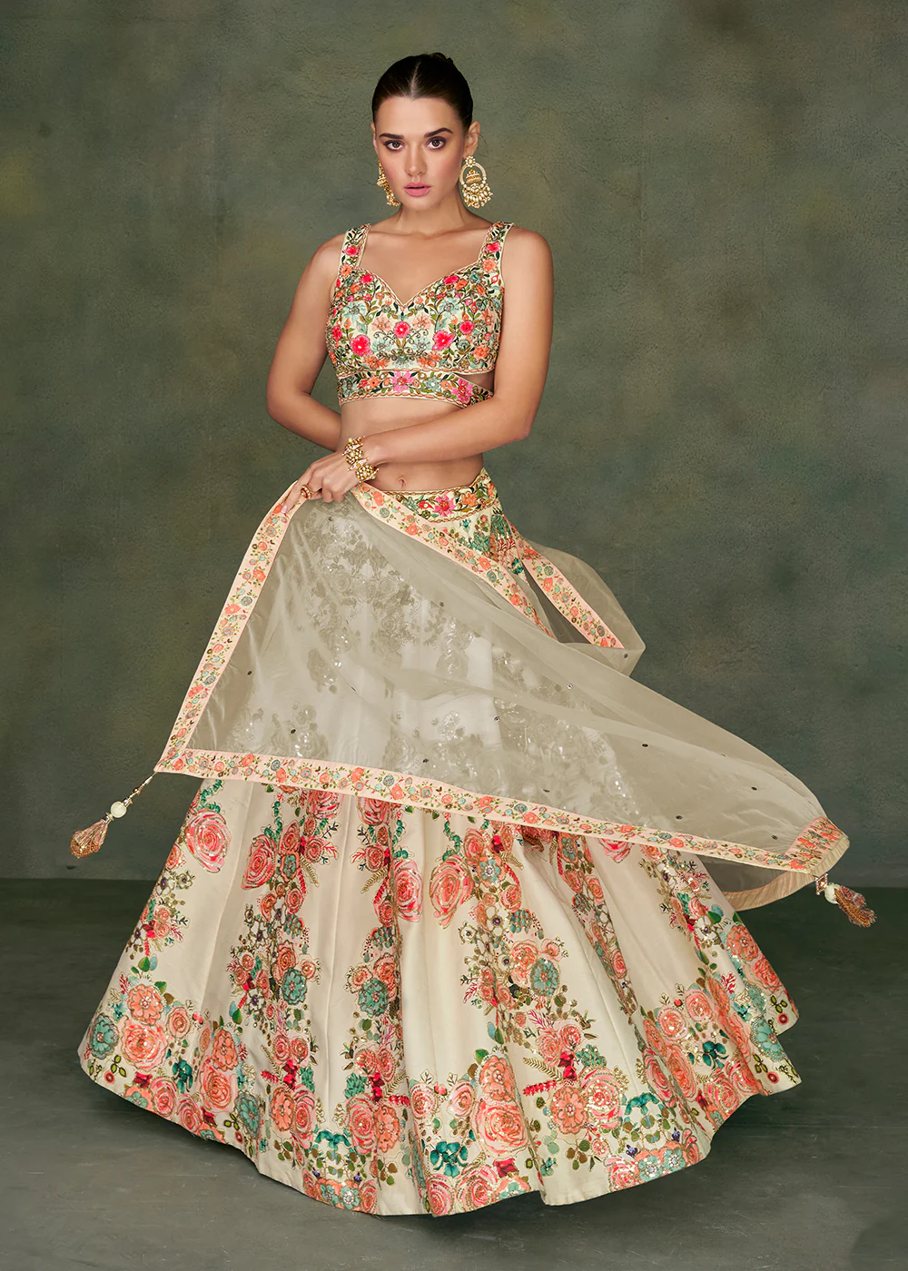 Off White Crop Top Style Taffeta Silk Wedding Lehenga Choli - Image 4