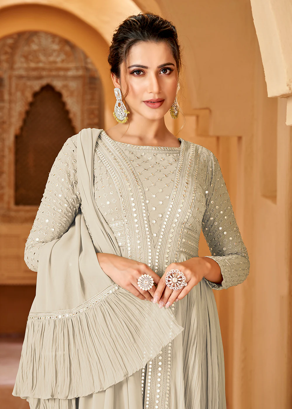Off White Crushed Georgette Mirror Lucknowi Work Anarkali Dress - Image 2