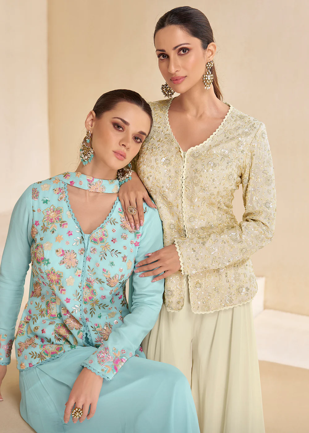 Off White Designer Embroidered Party Wear Sharara Suit - Image 3